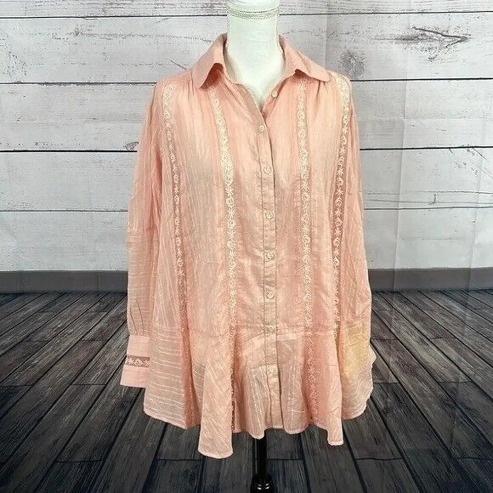 Free People Top Tunic Womens XS Pink‎ Mikaila Cottagecore Rose Blush Boho